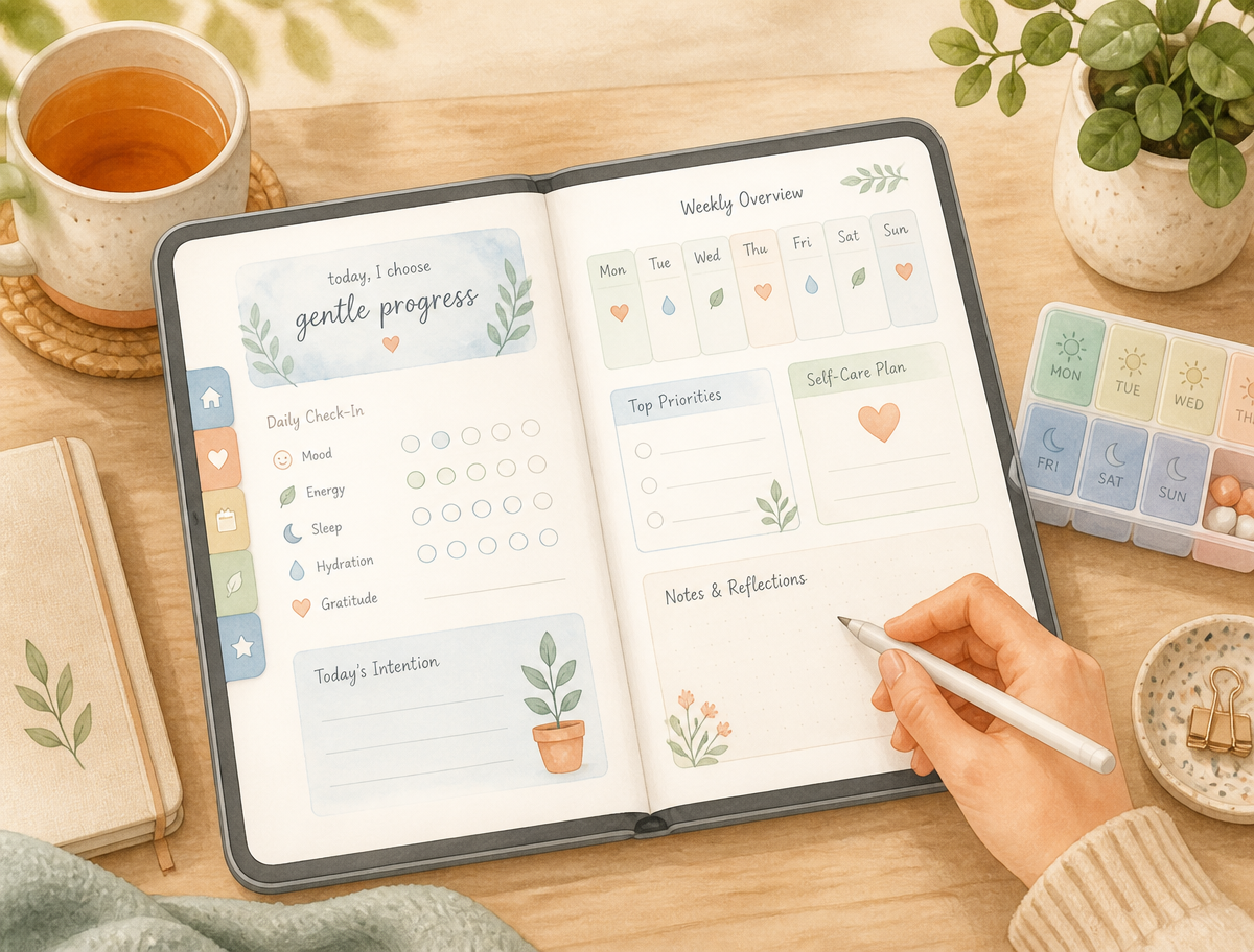 Ilustração acolhedora de um planner de cuidados sobre uma mesa com chá e planta